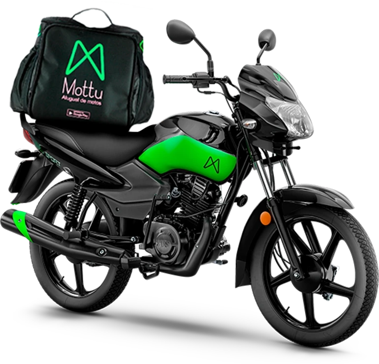 Mottu Sport ESD 2025 preta e verde de perfil dianteiro com bau de entrega Mottu instalado na garupa