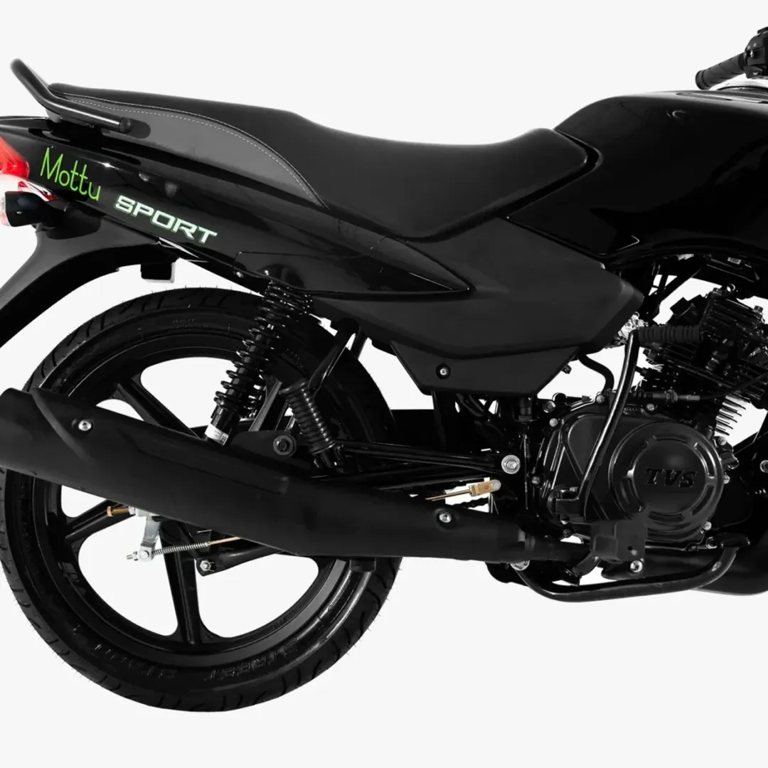 Lateral esquerda da Mottu Sport ESD 2025 mostrando escapamento, amortecedor traseiro e grafismo Mottu Sport
